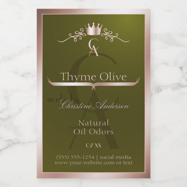 Olive Green Product Label Rose Gold Frame Monogram (Single Label)