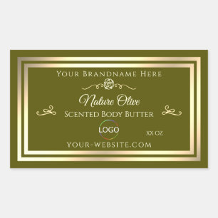 Olive Green Product Label with Gold Frame and Logo