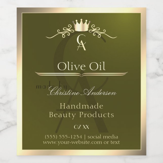 Olive Green Product Label with Gold Frame Monogram (Single Label)
