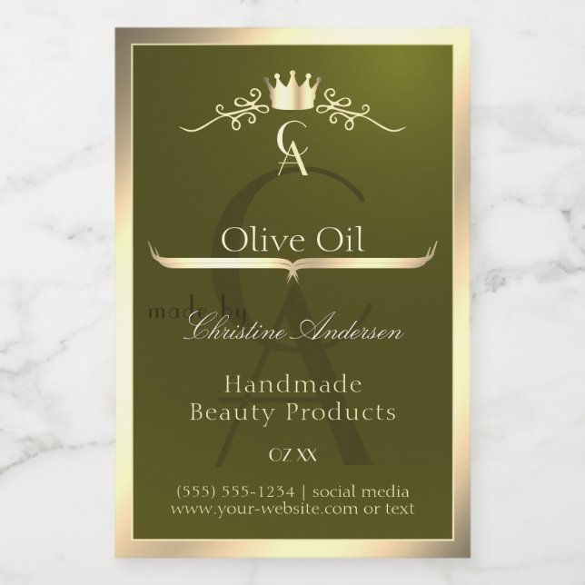 Olive Green Product Label with Gold Frame Monogram (Single Label)