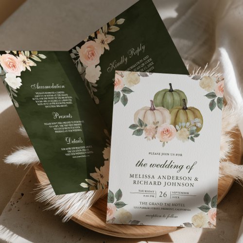 Olive Green Pumpkin Peach Floral QR Code Wedding Invitation