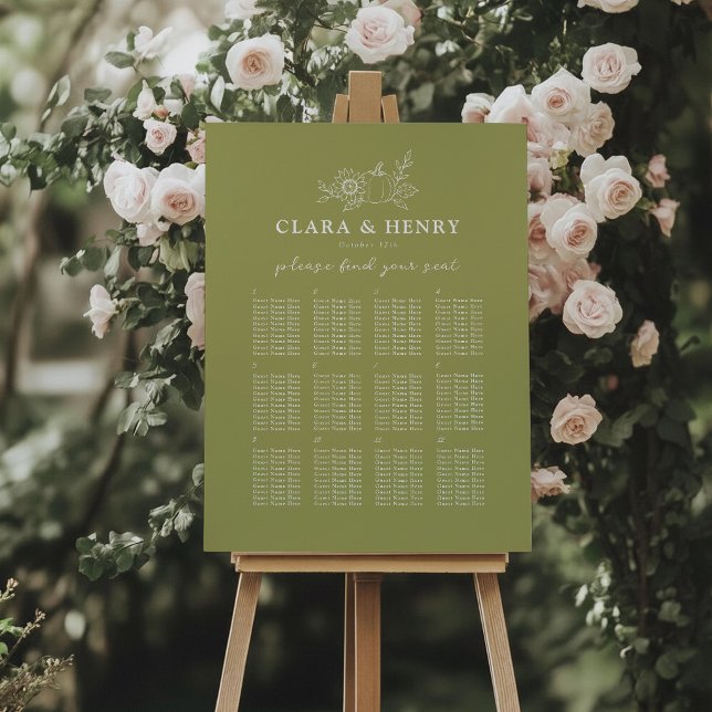 Olive Green Pumpkin Sunflower Fall Wedding Seating Foam Board (Creator Uploaded)