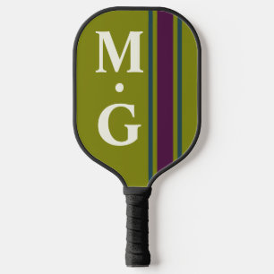 Olive Green Purple Stripes Monogram Initials Pickleball Paddle