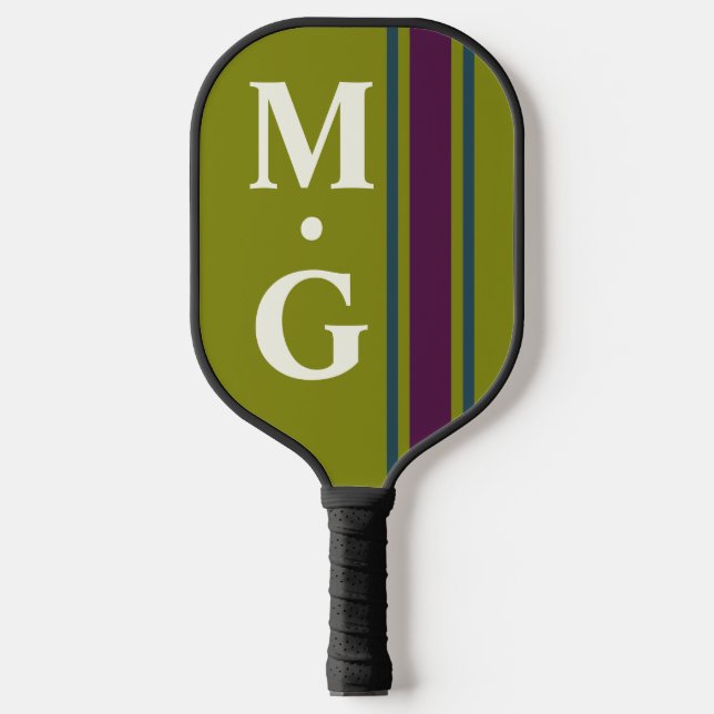 Olive Green Purple Stripes Monogram Initials  Pickleball Paddle (Front)