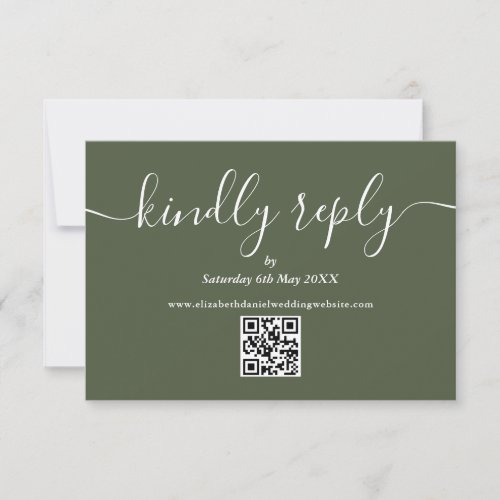 Olive Green QR Code Elegant Script Kindly Reply RSVP Card