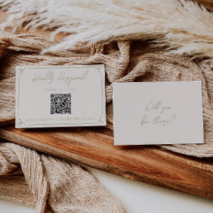 Olive Green QR Code Hand Written Drawn Wedding RSVP Card