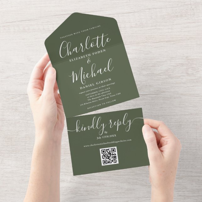 Olive Green QR Code Minimalist Wedding All In One Invitation (Tearaway)