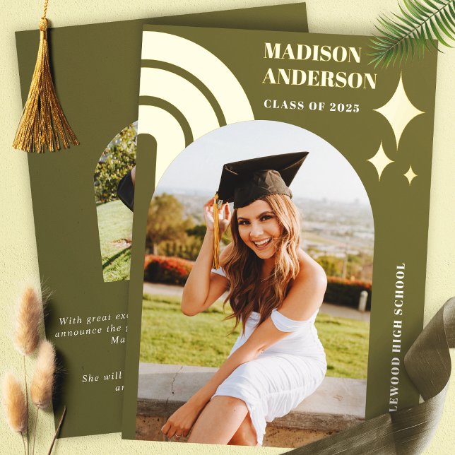 Olive Green Rainbow Arch And Stars Graduation Foil Invitation (Creator Uploaded)