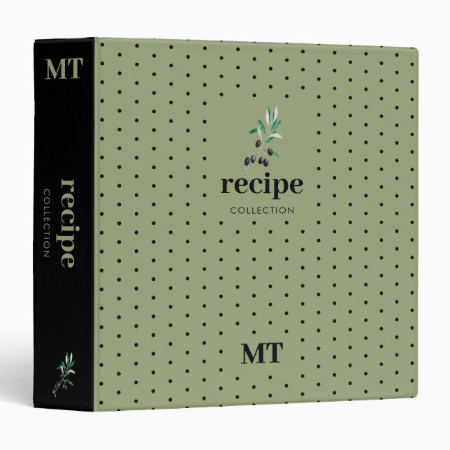 Olive Green Recipe Cookbook Minimalist Monogram   3 Ring Binder (Front/Spine)