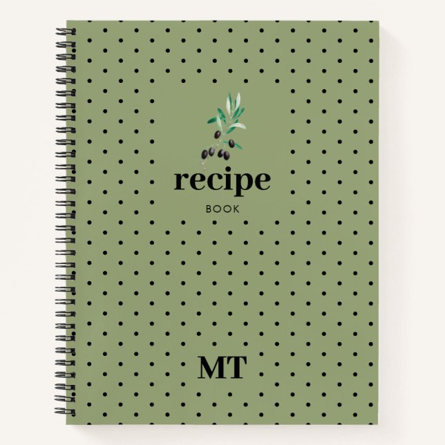 Olive Green Recipe Cookbook Minimalist Monogram  Notebook (Front)