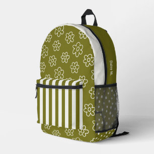 Olive Green Retro Daisy & Stripe Personalized Printed Backpack