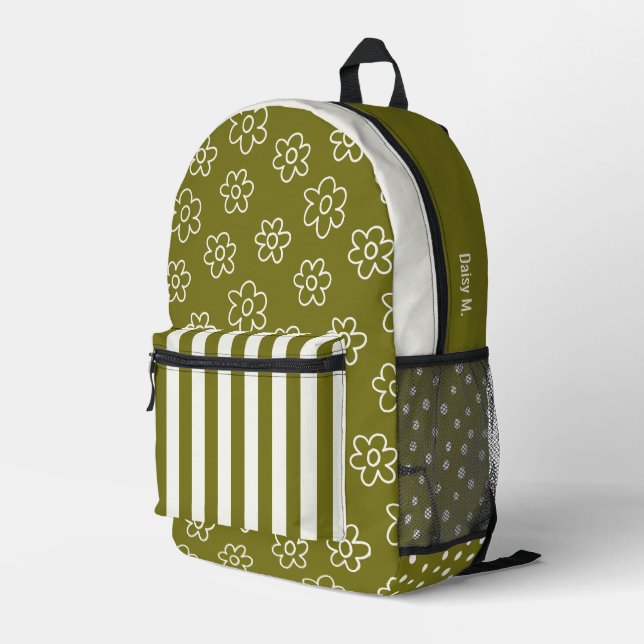 Olive Green Retro Daisy & Stripe Personalized Printed Backpack (Back Corner Right)