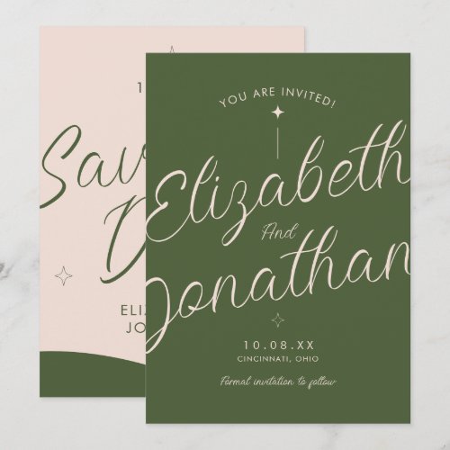 Olive Green Retro Modern Bold Script Wedding Save The Date