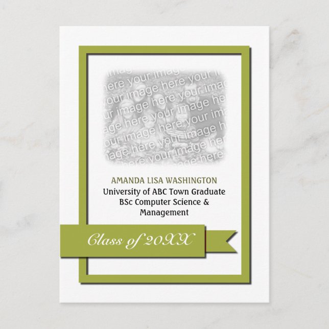 Olive Green Ribbon Graduation Photo Invitation Postcard (Front)