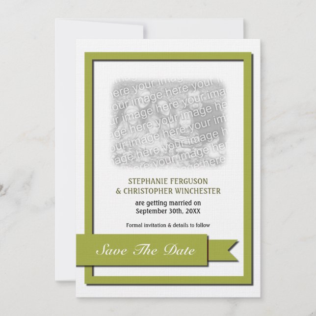 Olive Green Ribbon Save The Date Photo Invitation (Front)