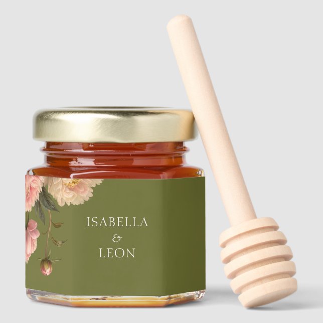 Olive Green & Rose Wedding  Honey Jar Favors (Front)