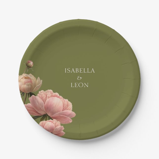 Olive Green & Rose Wedding  Paper Plates (Front)