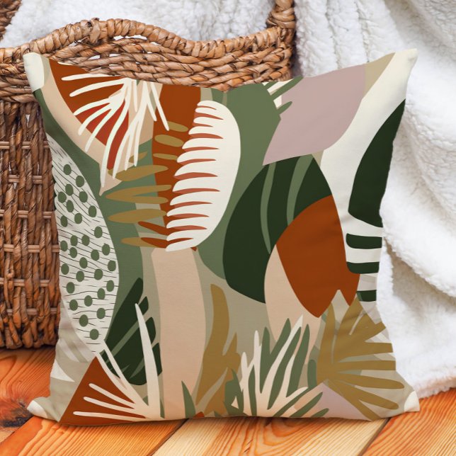 Olive Green Rust Sand Brown Tropical Abstract Throw Pillow (Terracotta and olive green pillow)