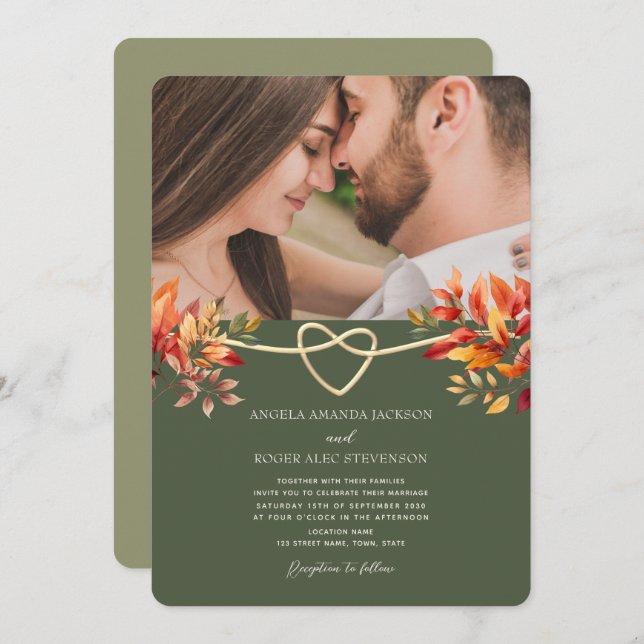 Olive Green Rustic Fall Photo Wedding Invitation (Front/Back)