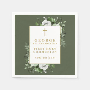 Olive Green Rustic Floral First Holy Communion Napkins