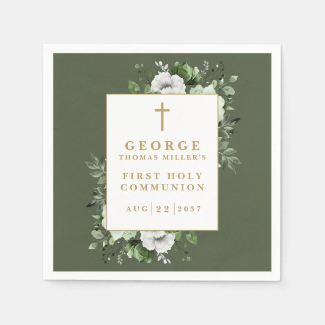 Olive Green Rustic Floral First Holy Communion Napkins (Front)