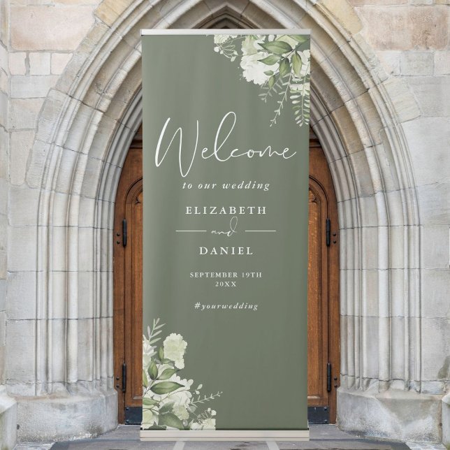 Olive Green Rustic Floral Wedding Welcome Retractable Banner (Olive Green Rustic Floral Wedding Welcome Retractable Banner)