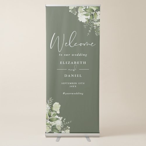 Olive Green Rustic Floral Wedding Welcome Retractable Banner