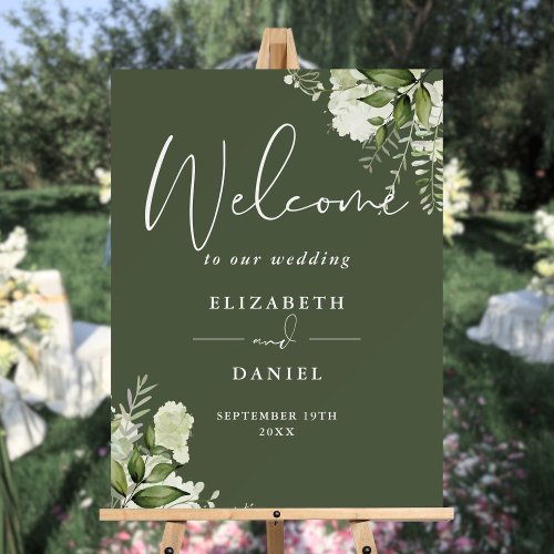 Olive Green Rustic Floral Wedding Welcome Sign
