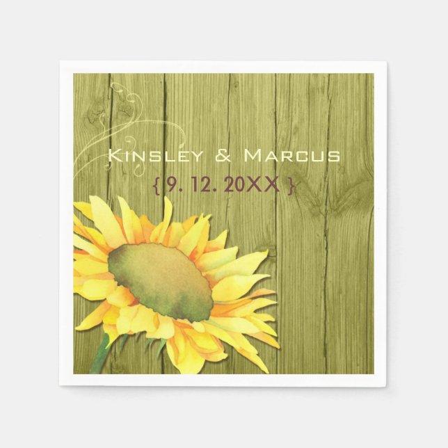 Olive Green Rustic Wood Sunflower Wedding Paper Napkins (Front)