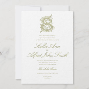 Olive Green "S" Monogram Wedding Invitation