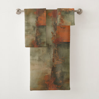 Olive Green Sage Burnt Orange Distressed Abstract  Bath Towel Set