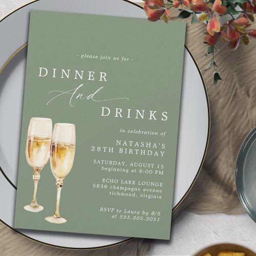 Olive Green Sage  Fancy Champagne Birthday Dinner Invitation