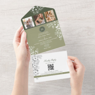Olive Green Sage Floral Photo Wedding All In One Invitation