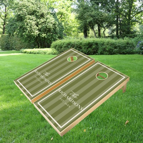 Olive Green Sage Stripes Personalized Wedding Cornhole Set