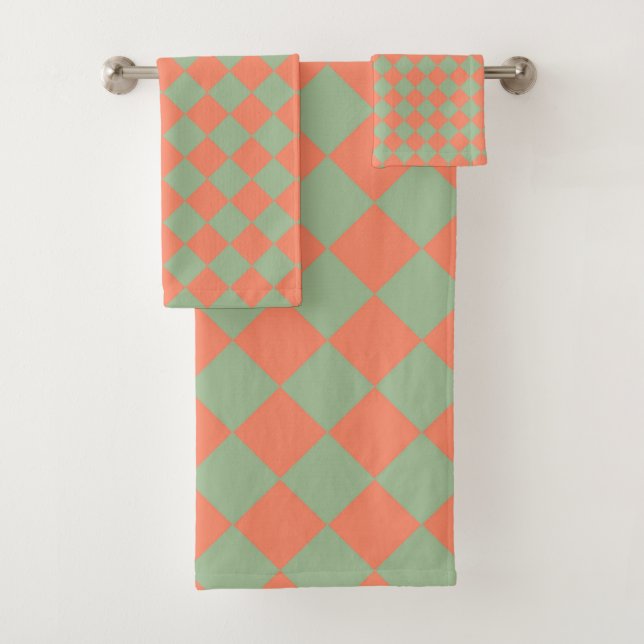 Olive Green Salmon Pink Checker Diamond Pattern   Bath Towel Set (Insitu)