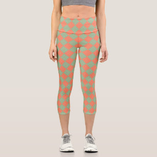 Olive Green Salmon Pink Checker Diamond Pattern Capri Leggings