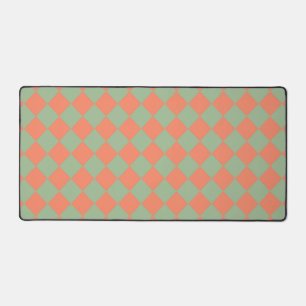 Olive Green Salmon Pink Checker Diamond Pattern Desk Mat