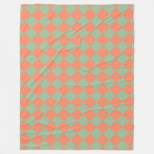 Olive Green Salmon Pink Checker Diamond Pattern Fleece Blanket