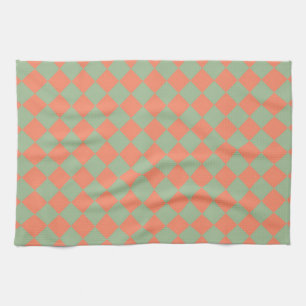 Olive Green Salmon Pink Checker Diamond Pattern Kitchen Towel