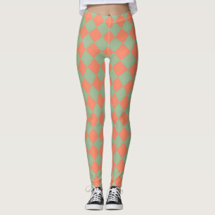 Olive Green Salmon Pink Checker Diamond Pattern Leggings