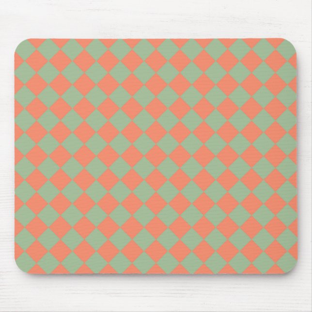 Olive Green Salmon Pink Checker Diamond Pattern Mouse Pad (Front)