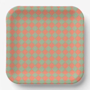Olive Green Salmon Pink Checker Diamond Pattern Paper Plates