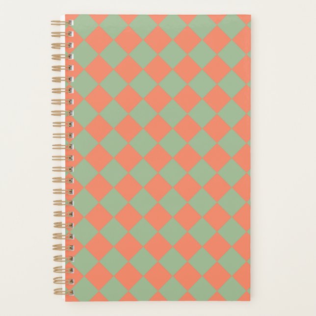Olive Green Salmon Pink Checker Diamond Pattern Planner (Front)