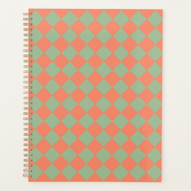 Olive Green Salmon Pink Checker Diamond Pattern Planner (Front)