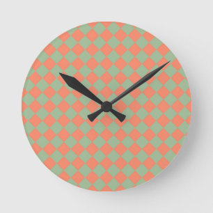 Olive Green Salmon Pink Checker Diamond Pattern Round Clock