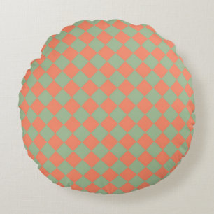 Olive Green Salmon Pink Checker Diamond Pattern Round Pillow