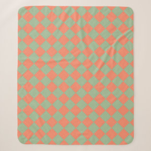 Olive Green Salmon Pink Checker Diamond Pattern Sherpa Blanket