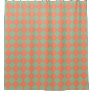 Olive Green Salmon Pink Checker Diamond Pattern Shower Curtain