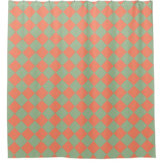 Olive Green Salmon Pink Checker Diamond Pattern Shower Curtain (Front)