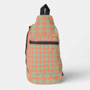 Olive Green Salmon Pink Checker Diamond Pattern Sling Bag